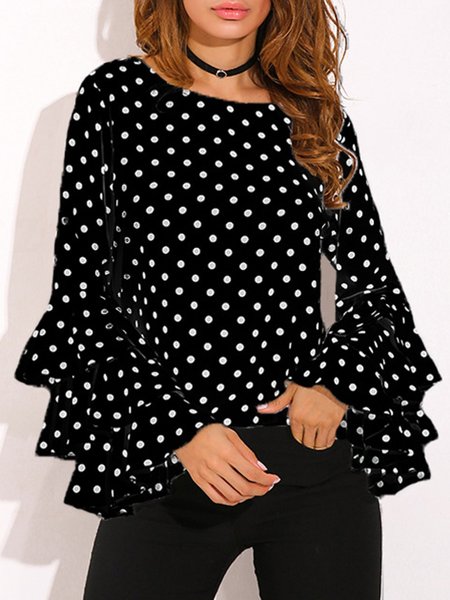 

Casual Frill Sleeve Polka Dots Blouse, Black, Shirts & Blouses