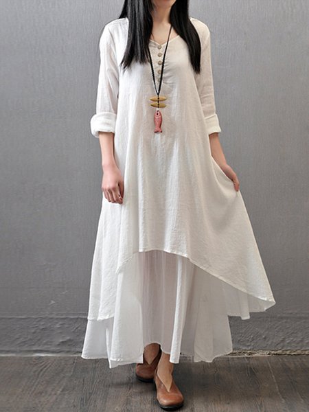 

A-line Women Daily Casual Long Sleeve Asymmetric Solid Casual Dress, White, Casual Dresses