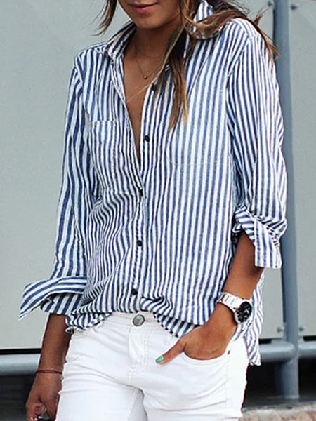 

Shirt Collar Buttoned Long Sleeve Stripes Casual Shirt, Blue, Long Sleeves