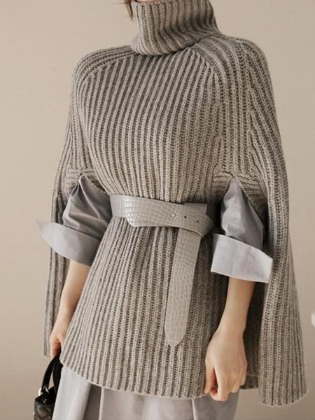 

Turtleneck Slit Solid Knitted Casual Cape Sleeve Sweater, Gray, Sweaters