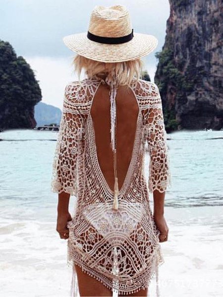 

Hollow Lace Backless Crochetgo Mini Cover-ups, As picture, Mini Dresses
