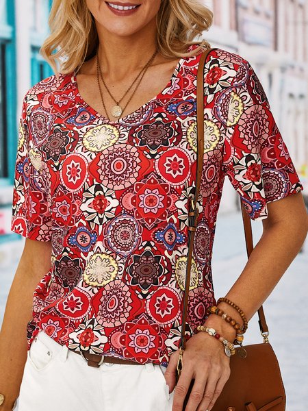 

Boho Short Sleeve Top, Red, Tops