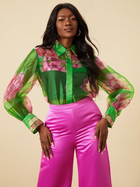 

Elegant Shirt Collar Floral Printed Long Sleeve Blouse, Green, Blouses and Shirts