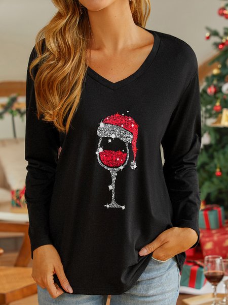 

Christmas V Neck Loose Casual T-Shirt, Gray, Tops