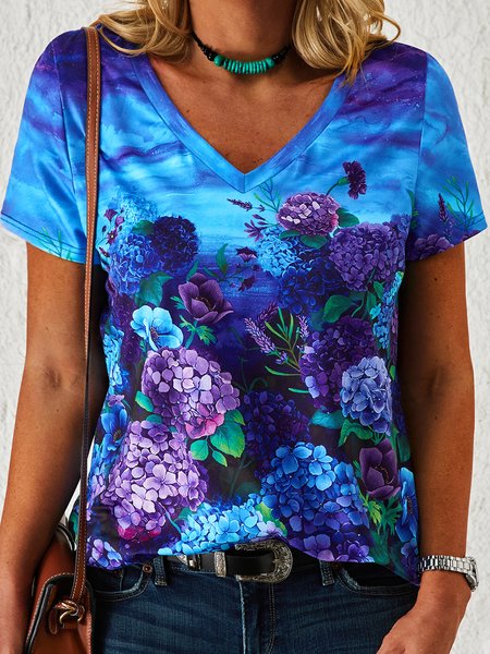 

Floral Vacation Cotton Blends Short Sleeve T-Shirt, Blue, Tops