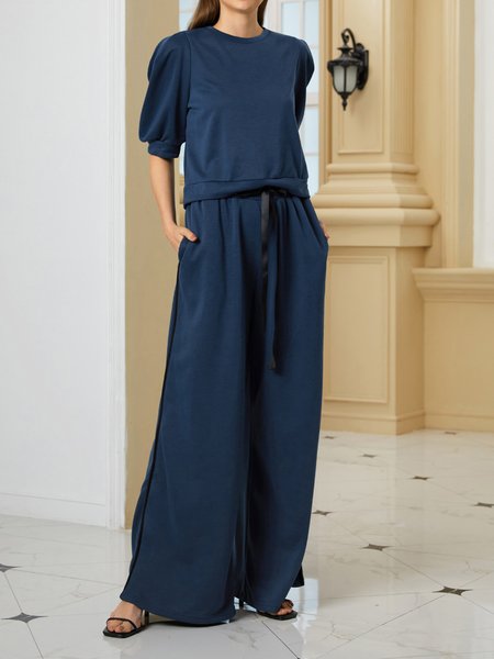 

Solid Puff Sleeve Regular Fit Two Piece Sets, Blue, Tops