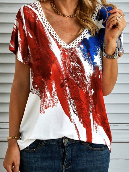 

Flag Star Striped Printed Casual Loosen V NeckShort Sleeve T-Shirt, As picture, T-shirts