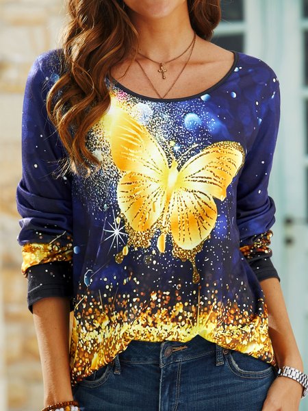 

Long Sleeve Glitter Butterfly Loose T-Shirt, Blue, T-Shirts