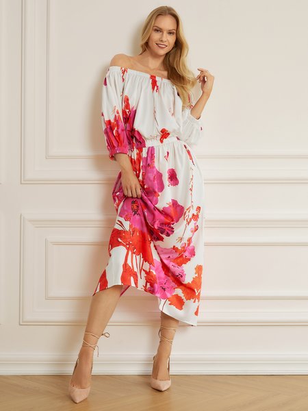 

Loosen Floral Elegant Short Sleeve Woven Midi Dress, Flower, Dresses