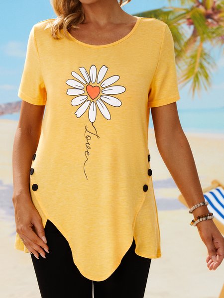 

Floral Crew Neck Casual Short Sleeve Tops, Yellow, Tops