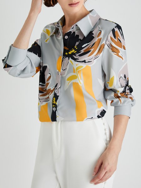 

Elegant Floral Shirt Collar Long Sleeve Blouse, As picture, Blouses and Shirts