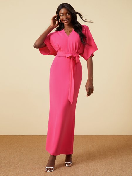 

Elegant V Neck Short Sleeve Knit Maxi Dress, Pink, Dresses