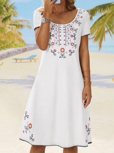

Round Neck Tribal Regular Fit Short Sleeve Knit Dress, White, Dresses