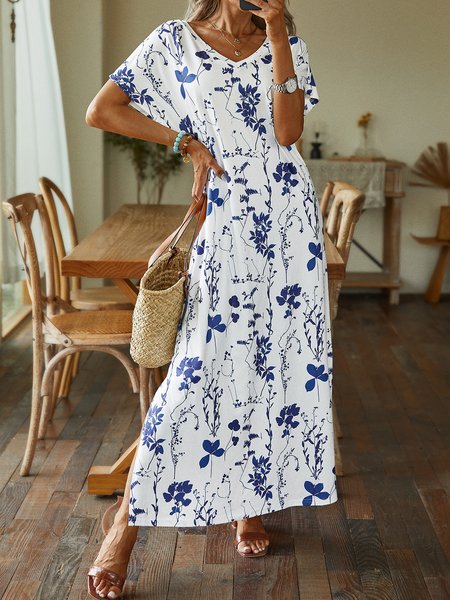 

Women Floral Summer Casual V neck Natural Micro-Elasticity Daily Jersey Standard Dresses, White, Maxi