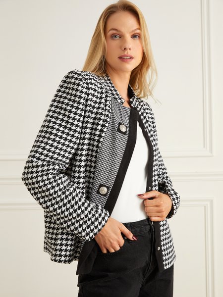 

Long sleeve Loose Houndstooth Stand Collar Jacket, Black-white, Outerwear