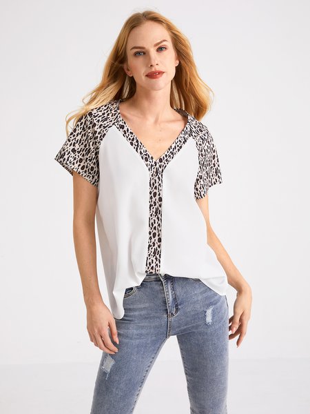 

Casual V Neck Short Sleeve Top, White, Tops