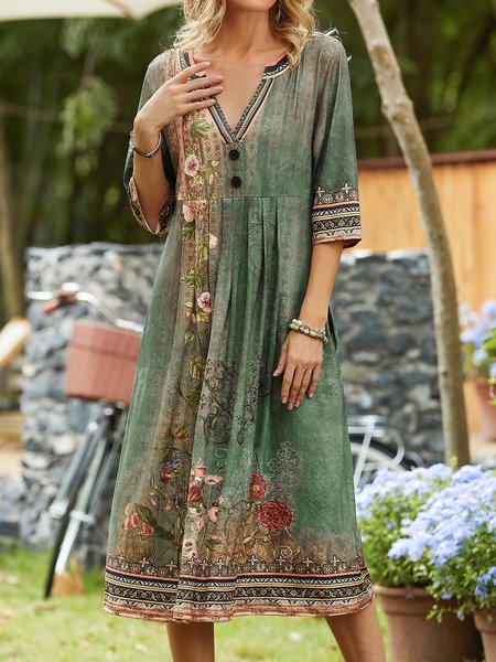 

Floral V Neck Casual Jersey Dress, Blue, Dresses