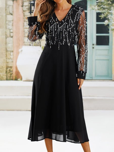 

Women's Black Long Sleeve Print Sequins Winter Fall V Neck maxi formal Dress, Formal Dresses