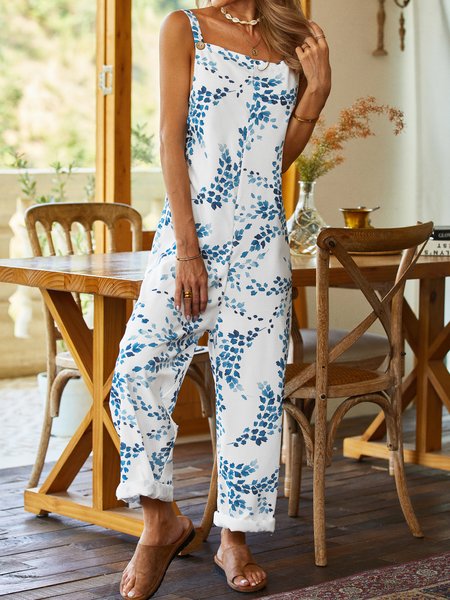 

Casual Leaf Sleeveless Loose Jumpsuit & Romper, Blue, Jumpsuits&Rompers