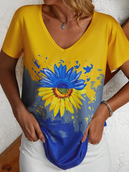 

Sunflower Casual Ombre V Neck Short Sleeve T-Shirt, Yellow, T-Shirts