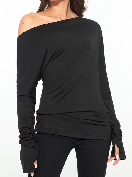 

Solid Long Sleeve Cotton-Blend Casual Top, Black, Tees