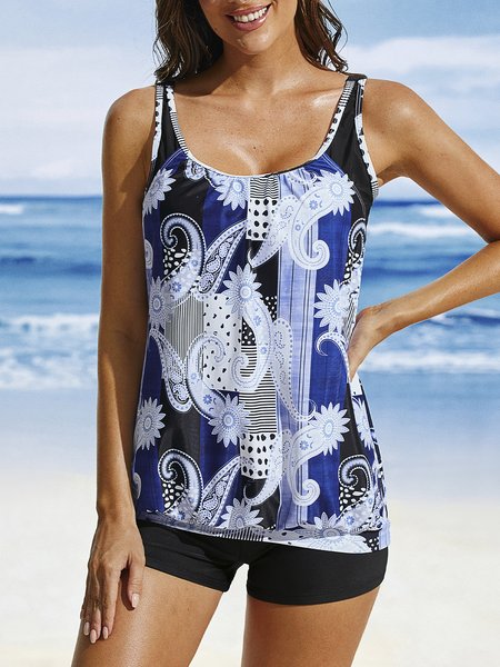 

Vacation Ethnic Printing Scoop Neck Tankinis Two-Piece Set, Blue, swimwear>>Tankinis