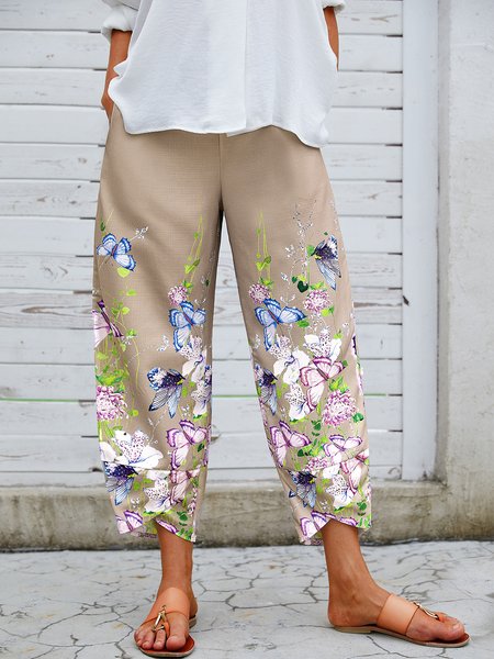 

Vacation Boho Linen Floral Loosen Pants, Khaki, Pants