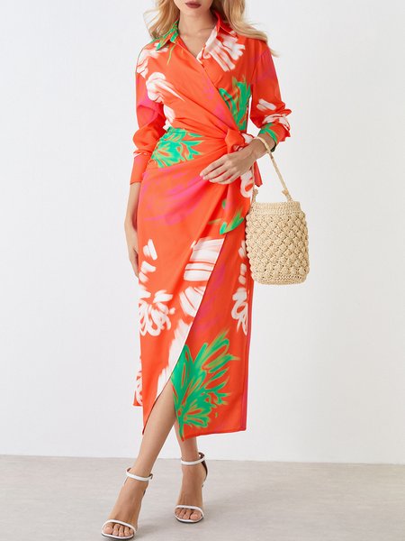 

Vacation Shirt Collar Long Sleeve Floral Printed Dress, Orange, Dresses