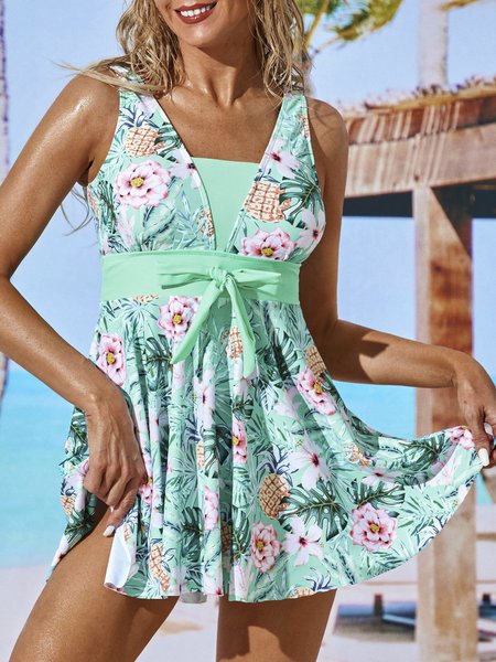 

Vacation Floral Printing Scoop Neck Swimdress Two-Piece Set, Green, swimwear>>One-Pieces