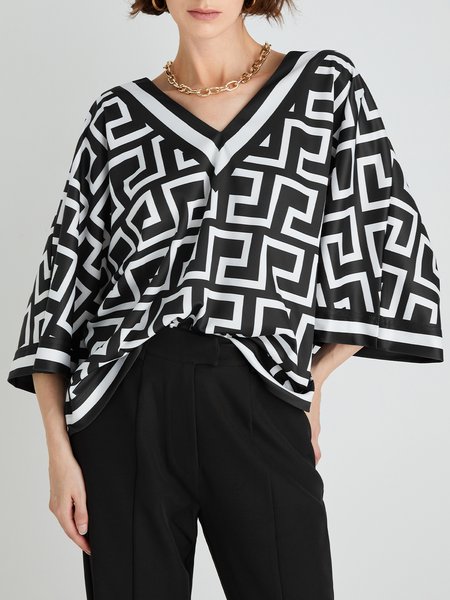 

Casual Loose Geometric Blouse, Black-white, Blouses and Shirts