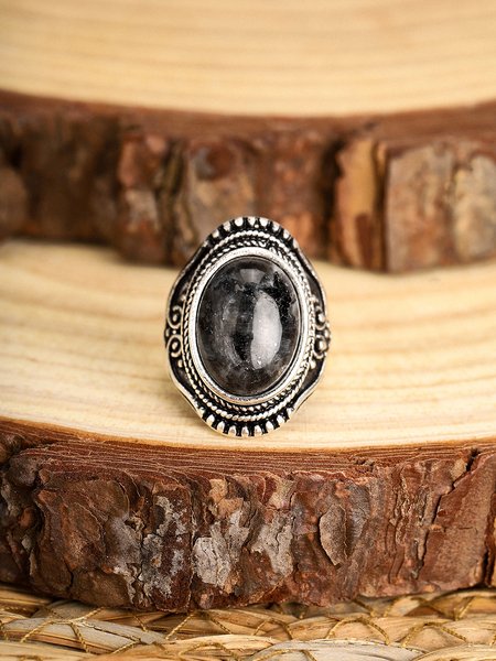 

Vintage Natural Stone Ethnic Pattern Ring, Silver, Rings