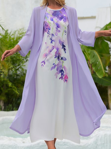 

Vacation Casual Floral Printed 3/4 Sleeve Round Neck Maxi Dress Two-piece set, Purple, Dresses