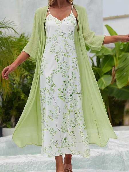 

Two Piece Regular Fit Leaves Long Sleeve Woven Dress, Green, Dresses