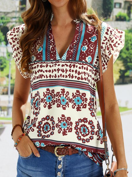 

Casual V Neck Boho Top, Red, Tops