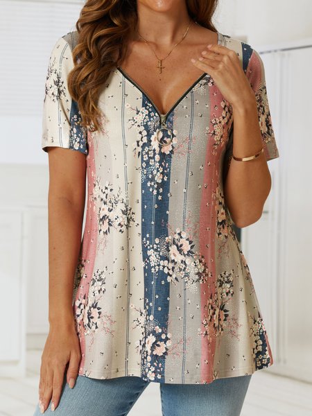 

V Neck Floral Loosen Casual Short Sleeve Top, Multicolor, Tops