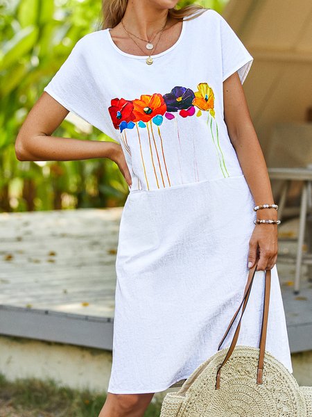 

Floral Summer Casual Pockets Natural Standard Short sleeve Loose A-Line Dresses for Women, White, Short