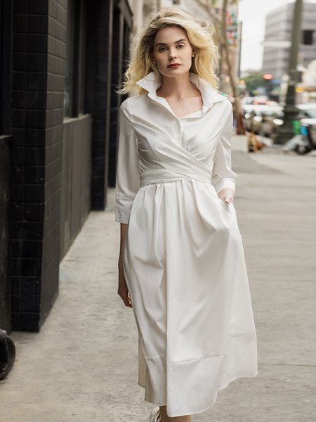 

Shirt Collar Regular Fit Elegant Solid Dress, White, Midi Dresses