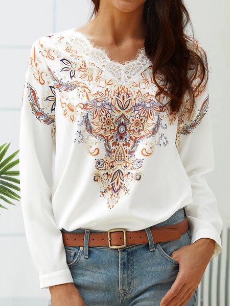 

V Neck Vacation Ethnic Top, White, Shirts & Blouses