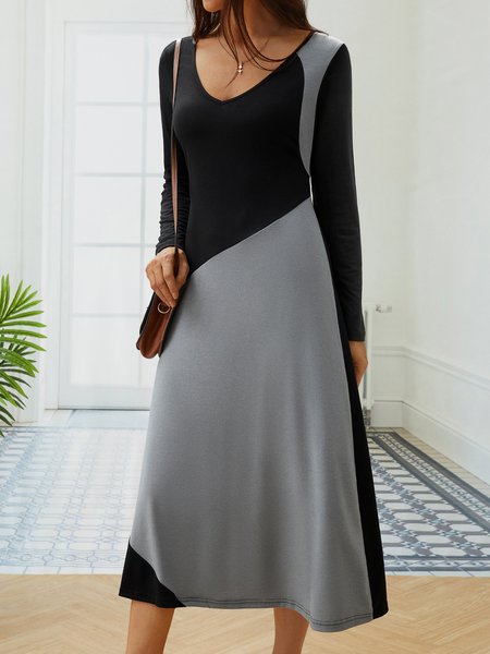 

Color Block V Neck Tee Dress, Black-grey, Dresses