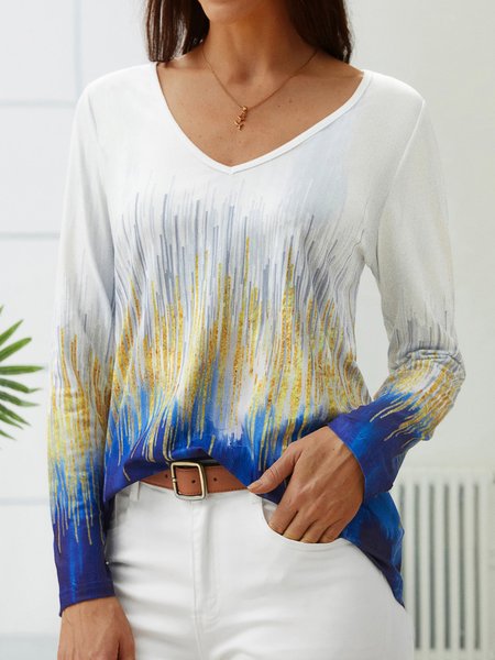 

Casual V Neck Ombre Top, Multicolor, T-Shirts