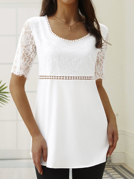 

Sweetheart Neckline White Lace Patchwork Blouse, T-Shirts