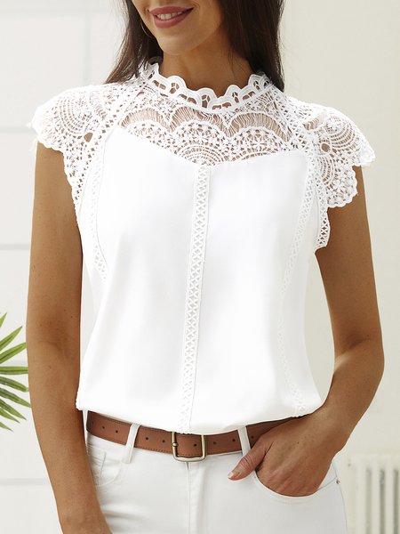 

Vacation Solid Stand Collar Short Sleeve Blouse, Black, Shirts & Blouses
