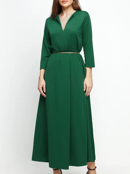 

Three Quarter Plain Simple V Neck Maxi Dress, Green, Dresses