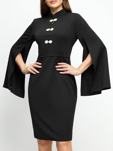 

Split Sleeves Elegant Plain Stand Collar Midi Dress, Black, Dresses