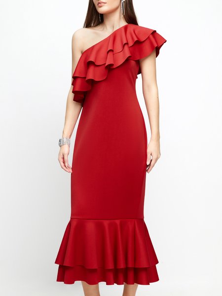 

Elegant Plain Cold Shoulder Maxi Wedding Party Dress, Red, Cocktail Dresses