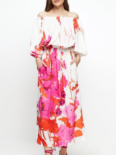 

Loosen Floral Elegant Short Sleeve Woven Midi Dress, Flower, Dresses
