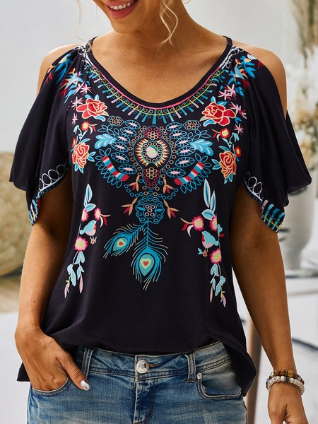 

Boho V neck Printed Short Sleeve Short Sleeve T-shirt, Black, Blouses