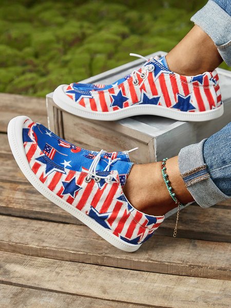 

Striped Star Graphic-Print Denim Lace-Up Canvas Flats, Blue, Sneakers