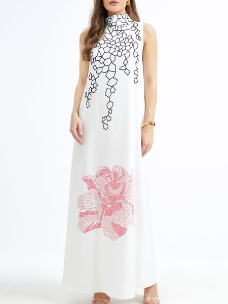 

Loosen Floral Elegant Daily Long Dress, White, Dresses