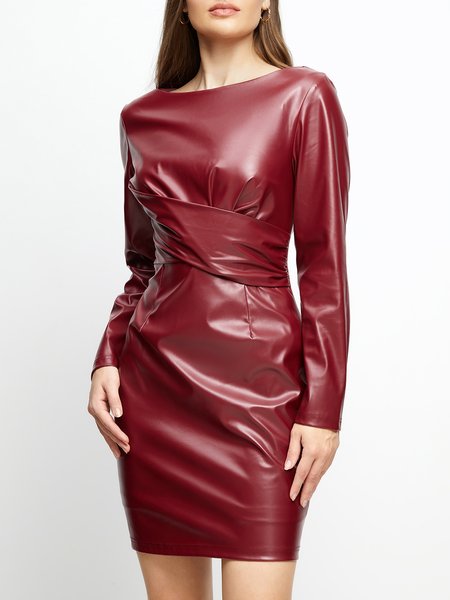 

Boat Neck Long sleeve Plain Urban Regular Fit Dress, Crimson, Dresses